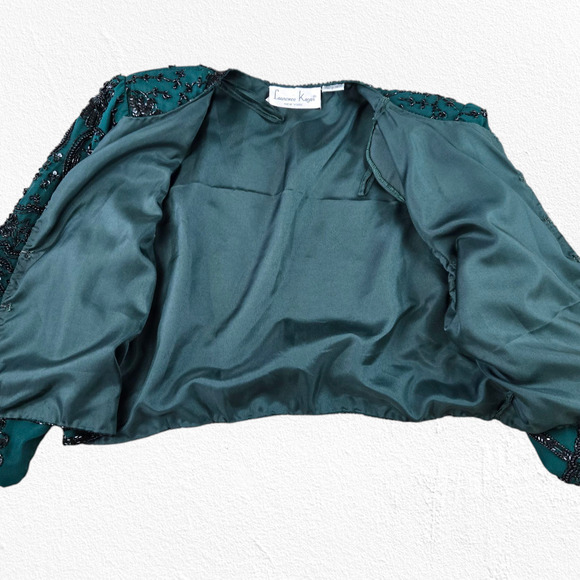80s Vintage Green Black Silk Beaded Sequin Cropped Designer Jacket Size Large - Picture 8 of 9